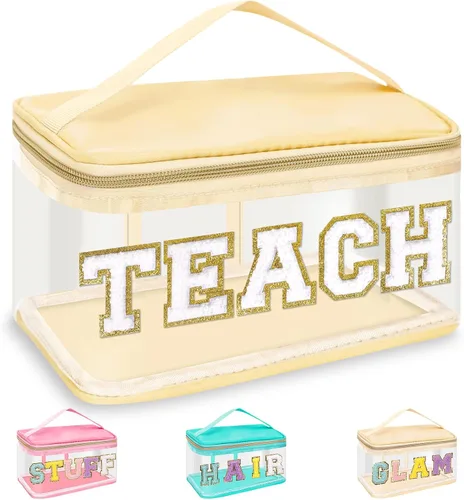 Miniatura 15 de izuzta Bolsas de maquillaje transparentes con letras de chenilla, bolsa de maquillaje de parche preppy con asa