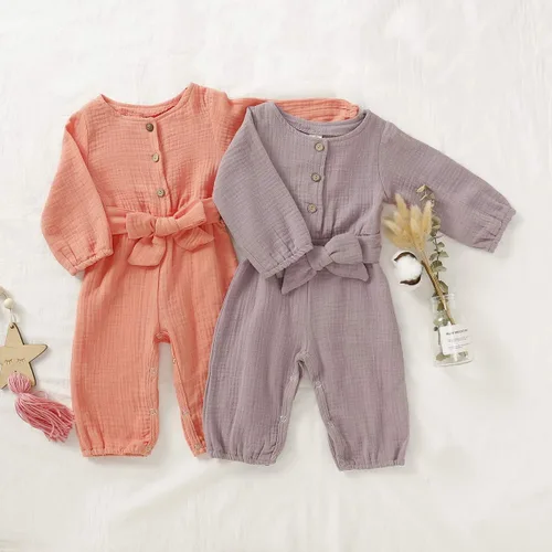 Miniatura 7 de Karuedoo Mameluco básico de algodón y lino de manga corta para niña, con pantalones largos, para otoño e invierno