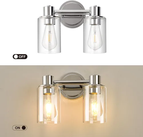 Miniatura 3 de Apliques de Pared de Baño de 2 Luces con Cristal Transparente, Luces de Pared de Baño Sobre Espejo, Luces de Tocador Cromadas con Base E26 Cromo