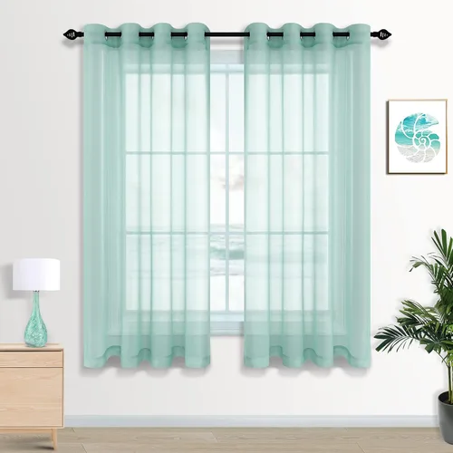 Cortinas de Decoración Temática de Playa Costera Oceánica de Verano Color Verde Menta Aqua 63 Pulgadas de Largo Juego de 2 Paneles con Ojales Color