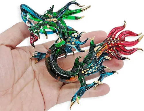 Miniatura 17 de Figura de cristal de dragón asiático chino azul verde oscuro de 2 pulgadas, estatua soplada a mano, decoración de mesa, única coleccionable
