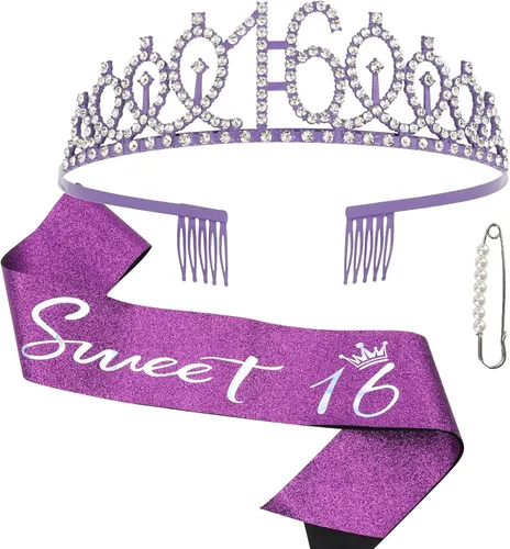 16th - Kit de corona y banda morada, decoraciones de fiesta de dulces 16, regalos y suministros para niñas (morado)
