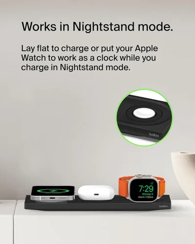 Miniatura 7 de Belkin MagSafe - Almohadilla de carga inalámbrica 3 en 1, carga inalámbrica rápida para Apple Watch, iPhone 17, iPhone 16, iPhone 15, iPhone 14 Negro