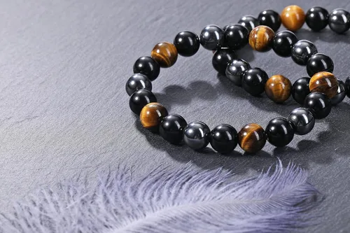 Miniatura 2 de Jovivi Pulsera de piedra de ojo de tigre de obsidiana negra de hematita para hombres y mujeres, de 0.394in, cuentas de piedras preciosas redondas