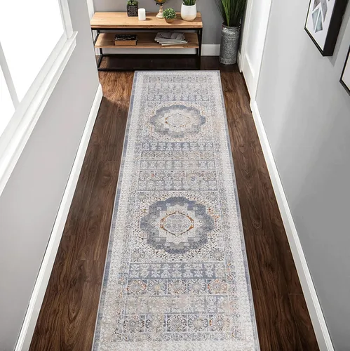 Miniatura 47 de NAAR PAYAS Collection - Alfombra de área de 6 x 9 pies, diseño de medallón crema y azul, no se desprende, resistente a las manchas, para sala