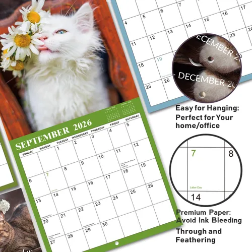 Miniatura 3 de Calendario 2026-2027 – Calendario de pared 2026-2027, julio de 2026 a diciembre de 2027, 12 x 24 pulgadas (abierto), calendario de gato de 18 meses