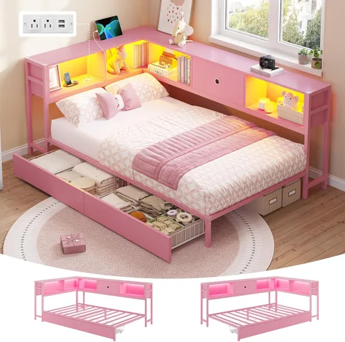 Miniatura 15 de DICTAC Marco de cama esquinero con 2 cajones de almacenamiento y cabecero de estantería individual XL, marco de cama de plataforma de metal con Negro