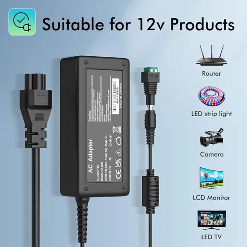 Miniatura 6 de Fuente de alimentación de 12 V 5 A, adaptador de fuente de alimentación Waysse, convertidor AC DC 100-220 V a transformador de 12 voltios 5