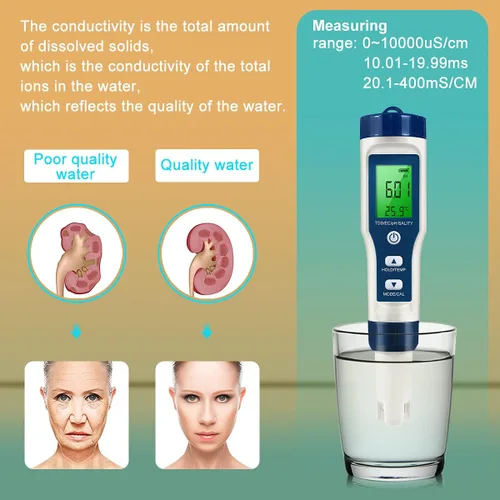 Miniatura 6 de Medidor de pH 5 en 1 LFS TDS, medidor de pH digital de alta precisión 0.01 para agua, probador de PH/TDS/EC/sal/temperatura, medidor de PPM