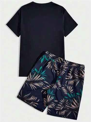 Miniatura 12 de GORGLITTER Conjunto de 2 piezas de camiseta gráfica de manga corta para hombre, estampado hawaiano con cordón y pantalones cortos