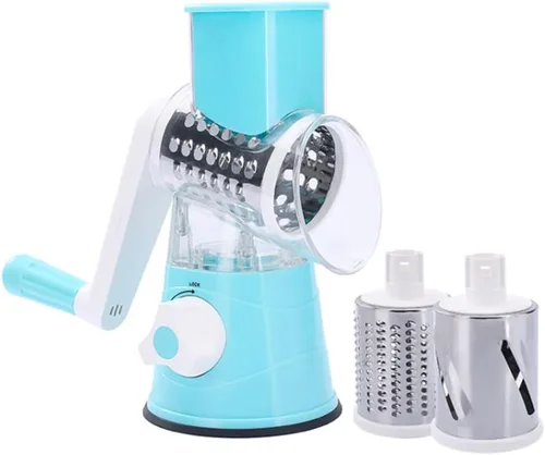 Miniatura 10 de Rallador rotativo de queso, 3 cuchillas de tambor, velocidad manual, redondo, rebanador de alimentos, molinillo de nueces con base de succión fuerte