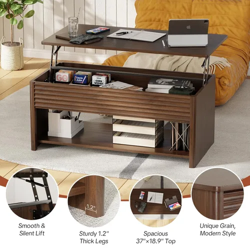 Miniatura 3 de Mesa de centro con parte superior acanalada para sala de estar, mesa de centro pequeña con almacenamiento de elevación hidráulica, gran capacidad