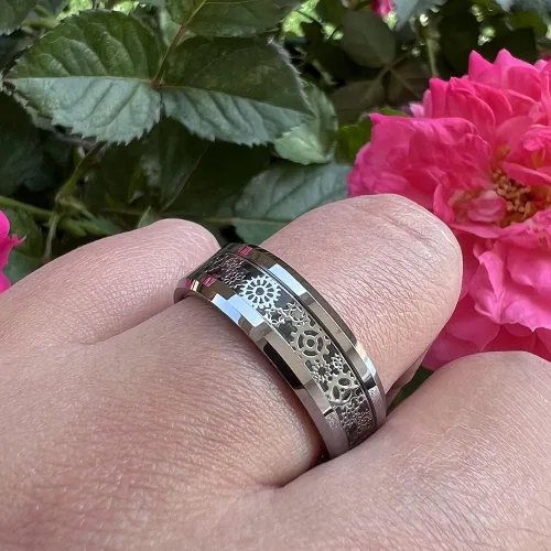 Miniatura 6 de Wow Jewelers - Anillo de tungsteno de 6 mm y 8 mm color negro, plateado, rojo y azul para hombres y mujeres, anillos de matrimonio estilo Steampunk