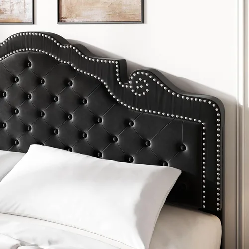 Miniatura 4 de SHA CERLIN Marco de cama tamaño completo con cabecera ajustable/Tapizado de terciopelo/Capitoné con botones de diamante y tachuelas de metal/No