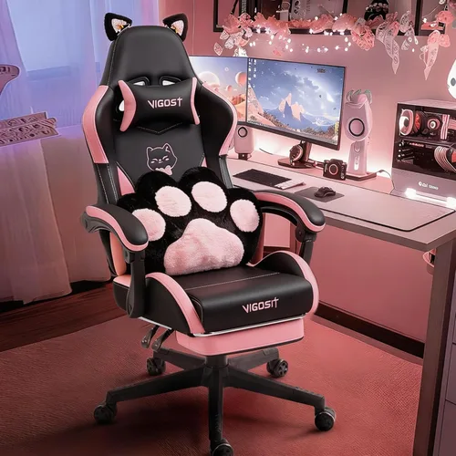Vigosit Silla de Gaming con Orejas de Gato de Piel Sintética PU Ergonómica Regulable Silla de Oficina para Escritorio de Computadora para Jugadores