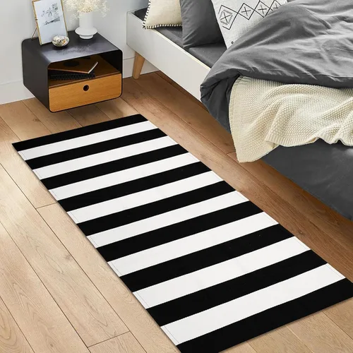 Miniatura 3 de IOHOUZE Alfombra a Rayas Blanco y Negro - 2x4.3 Tapetes para Puerta Delantera Exterior, Alfombra Lavable para Decoración de Porche Delantero, negro