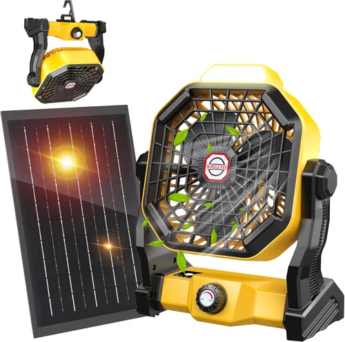 Miniatura 10 de Ventilador solar de 20000 mAh con linterna LED, ventilador de campamento con panel solar, 7 W recargable para exteriores, ventilador silencioso