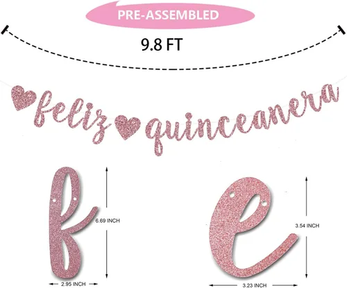 Miniatura 2 de Cartel de Feliz Quinceañera, oro rosa con purpurina Happy Quinceañera/Princesa De Quince/Mis Quince 15, suministros de decoración de fiesta