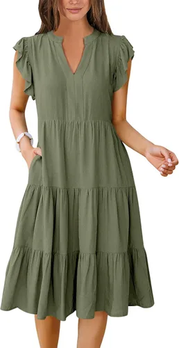 Miniatura 30 de ANRABESS Vestido de verano para mujer, manga con volantes, cuello en V, vestido midi a la moda, casual, holgado, escalonado, bohemio, playa