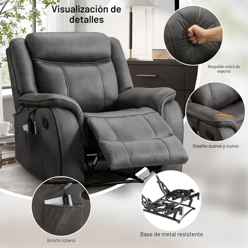 Miniatura 4 de Silla reclinable de masaje con calor, sillas reclinables de piel sintética para adultos, 39 pulgadas de ancho, silla de descanso ergonómica Gris