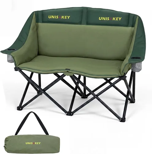 Miniatura 10 de Unisakey Silla de campamento doble, sofá biplaza acolchado de gran tamaño, silla plegable resistente de 650 libras con portavasos y bolsa