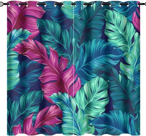 Miniatura 15 de Cortinas abstractas de hojas tropicales, acuarela tropical, hojas de palma, verano hawaiano, plátano, aislamiento térmico, cortinas completas