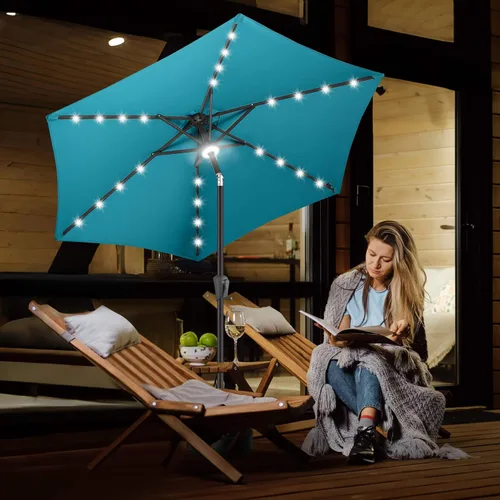 Miniatura 6 de FLAME&SHADE Sombrilla de patio con luz solar de 7.5 pies, 24 luces LED, sombrilla para exteriores con luz envolvente central, sombrilla de mesa