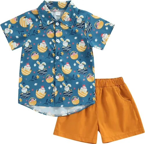 Miniatura 15 de Conjunto de 2 piezas de camiseta de manga corta con botones y pantalones cortos sólidos para bebé niño