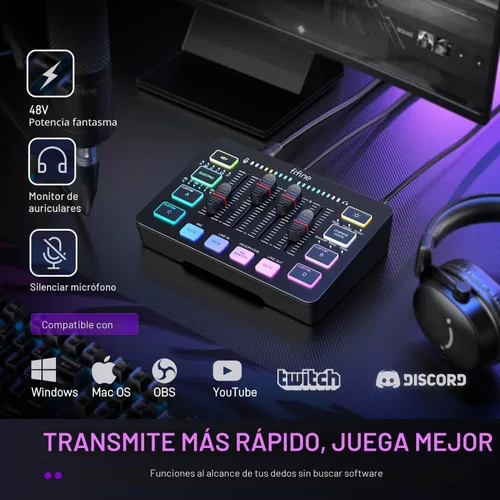 Miniatura 7 de FIFINE Mezclador de audio para juegos, mezclador de PC RGB para streaming con interfaz de micrófono XLR, control individual, atenuador de volumen