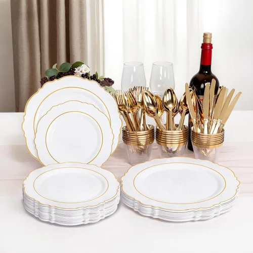Miniatura 5 de Liacere 700 PCS Platos de Plástico Dorados - Juegos de Vajilla Barroca para 100 Invitados - 200 Platos Desechables (10 pulgadas, 7 pulgadas), 300