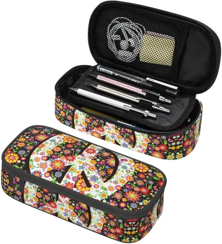 Miniatura 17 de Estuche organizador retro hippie de los años 70 con diseño de hongos florales de gran capacidad, papelería con cremallera, suministros escolares