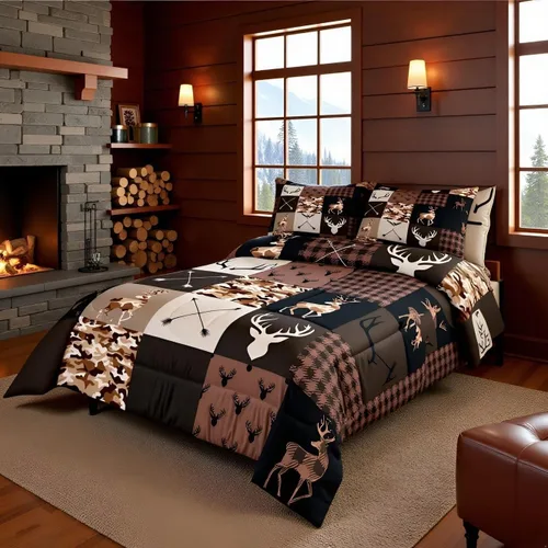 Miniatura 167 de Juego de edredón de cuernos de ciervo tamaño individual, juego de ropa de cama rústica de granja con huellas de oso y pinos para decoración