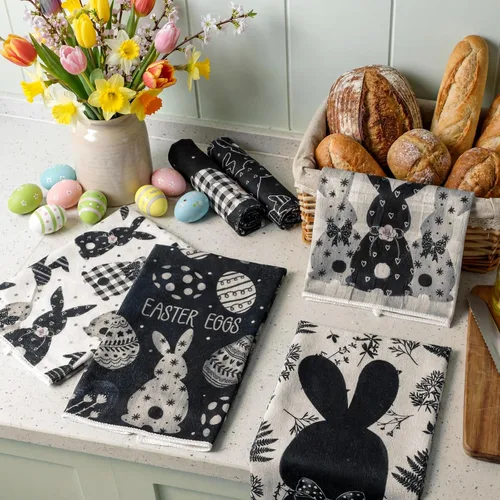 Miniatura 7 de Preboun 6 toallas de cocina con huevos de Pascua, toallas de mano retro con diseño de conejo, color negro y blanco a cuadros, paño decorativo