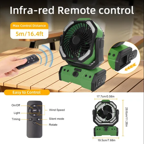 Miniatura 6 de ELZO Ventilador de campamento de 30000 mAh con luz LED, máximo 70 horas de trabajo, portátil inalámbrico, recargable, ventilador USB con gancho
