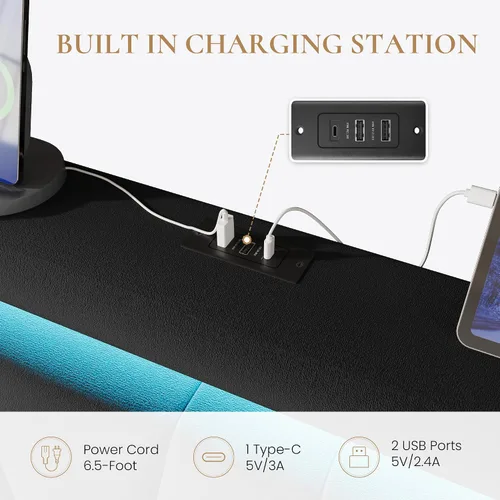 Miniatura 6 de SHA CERLIN - Base de cama Queen con estación de carga y luces LED, cama moderna de plataforma de terciopelo con cabecero tapizado geométrico,