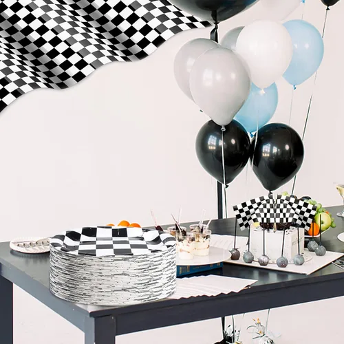 Miniatura 7 de Paquete de 50 platos de papel de coche de carreras de 9 pulgadas, platos desechables en blanco y negro, con bandera a cuadros, platos redondos