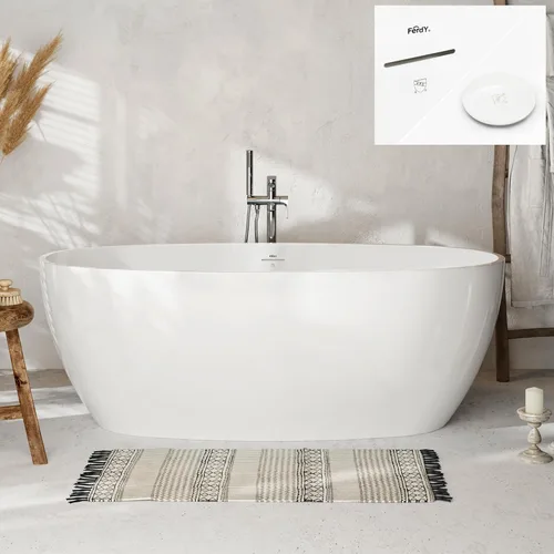 Miniatura 14 de FerdY Tahiti - Bañera independiente de 67" con forma ovalada elegante, bañera aislada de doble pared brillante con color blanco, con centro