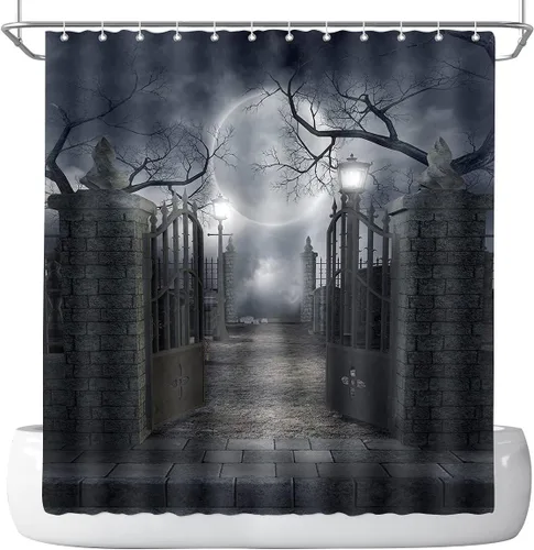 Miniatura 2 de Cortina de ducha de Halloween para baño, noche aterradora, patio, puerta, luna espeluznante, árbol muerto, lámpara de calle, poliester, impermeable