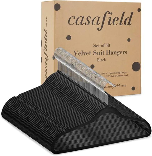 Miniatura 6 de Casafield 50 perchas de terciopelo negro para trajes, perchas antideslizantes que ahorran espacio