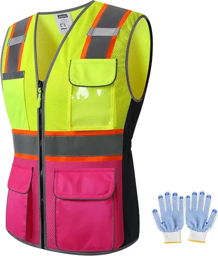 Miniatura 10 de Chaleco de seguridad para mujer, múltiples bolsillos, de alta visibilidad, reflectante, malla transpirable, chaleco de trabajo para dama, cremallera