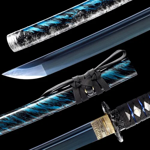 Miniatura 3 de OYZ Espada katana azul japonesa auténtica, espada completa, práctica, funcional, acero de alto carbono 1060, Hademade templada por calor, forjada a
