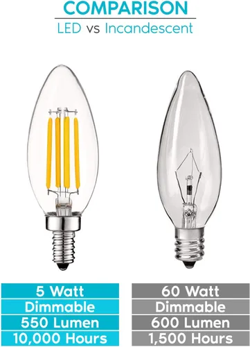 Miniatura 7 de LUXRITE Bombilla LED de candelabro vintage equivalente a 60 W, 550 lúmenes, 2700 K blanco cálido, bombillas LED de araña de 5 W, regulables, vidrio