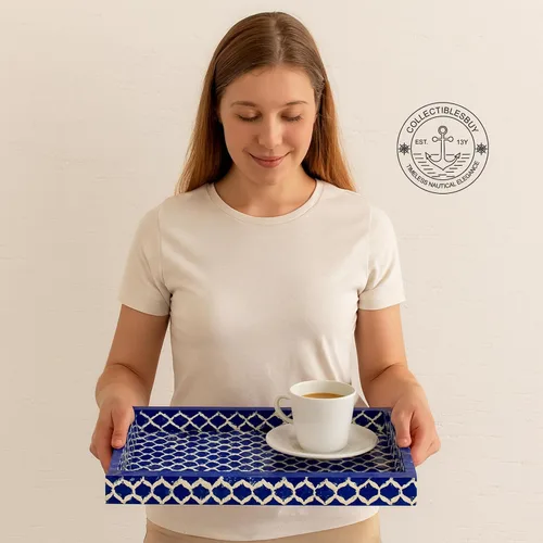 Miniatura 3 de Bandeja de servir hecha a mano con incrustaciones de hueso, bandeja de desayuno de damasco marroquí azul y blanco, bandeja rectangular de madera