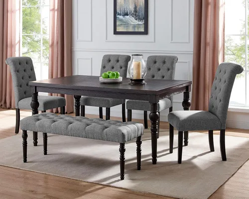 Roundhill Furniture Leviton Urban Style - Juego de comedor de madera lavada oscura: mesa, 4 sillas y banco, gris