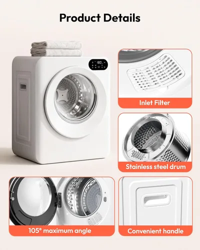 Miniatura 7 de Euhomy Secadora portátil de 1.5 pies cúbicos, secadora de ropa de 850 W con tambor de acero inoxidable, 4 funciones, panel de control LED, secadores