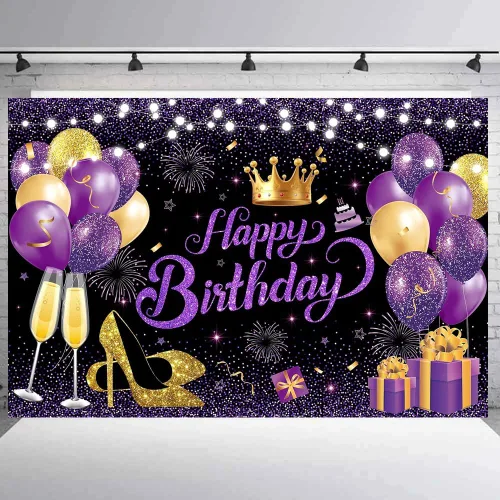 Miniatura 5 de 180x120 cm Púrpura Oro Negro Purpurina Telón de Fondo de Cumpleaños Feliz para Foto de Fiesta, Telón de Fondo de 71x47 Pulgadas Púrpura Oro