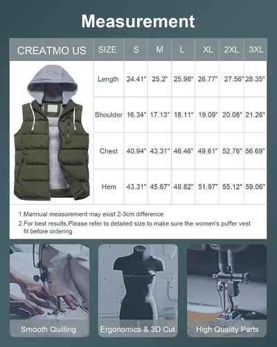 Miniatura 7 de CREATMO US Chaleco cálido para mujer, chaleco grueso acolchado sin mangas con capucha desmontable
