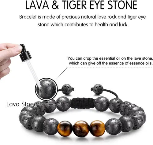 Miniatura 4 de STORUP Pulsera de regalo para hombres Pulsera de cuentas de piedra de lava de ojo de tigre de 0.315 in para hombre, enlace inicial, hecha a mano