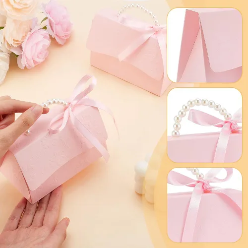 Miniatura 3 de BENECREAT Juego de 12 cajas de recuerdos de boda, caja de papel kraft rosa con mango de perla, cintas, calcomanías, cajas de regalo para cumpleaños