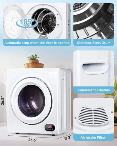 Miniatura 5 de Feelfunn Secadora de ropa portátil de 2.65 pies cúbicos - Secadora de ropa de 1400W con tambor de acero inoxidable, carga frontal por volteo, panel
